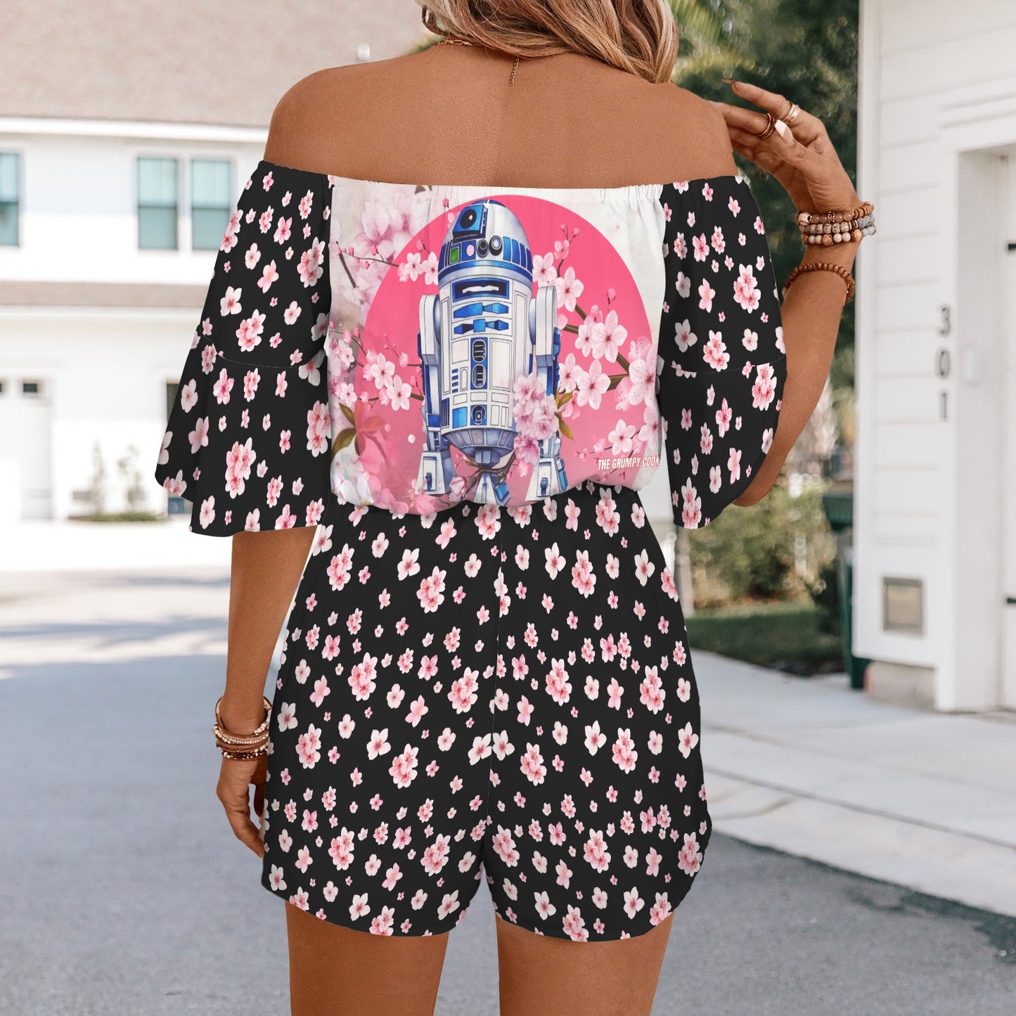 Star Wars - Cherry Blossom R2D2 Off Shoulder Knot Front Pocket Romper