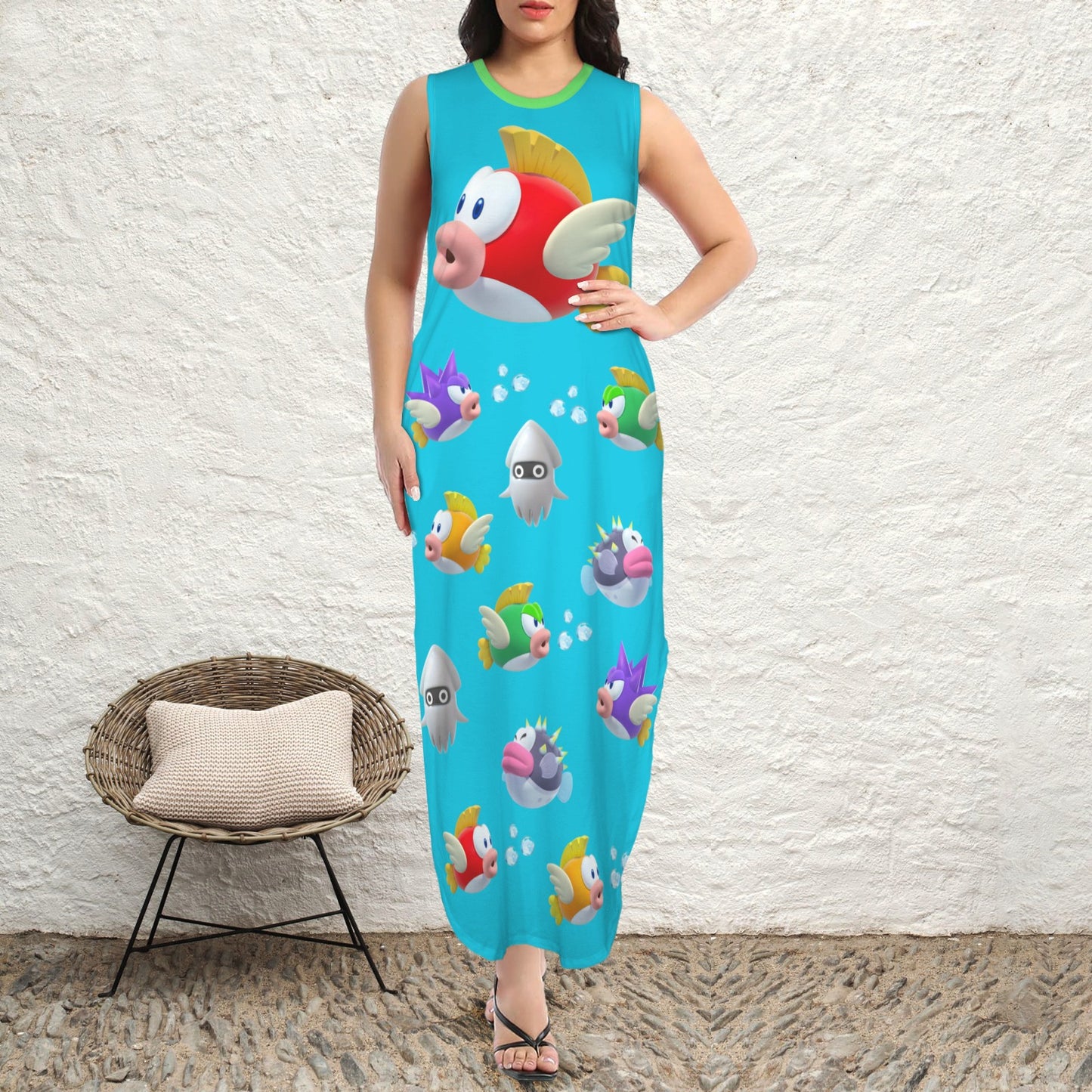 Mario Bros. - Underwater Mario Round Neck Sundress Pocket Maxi Dress
