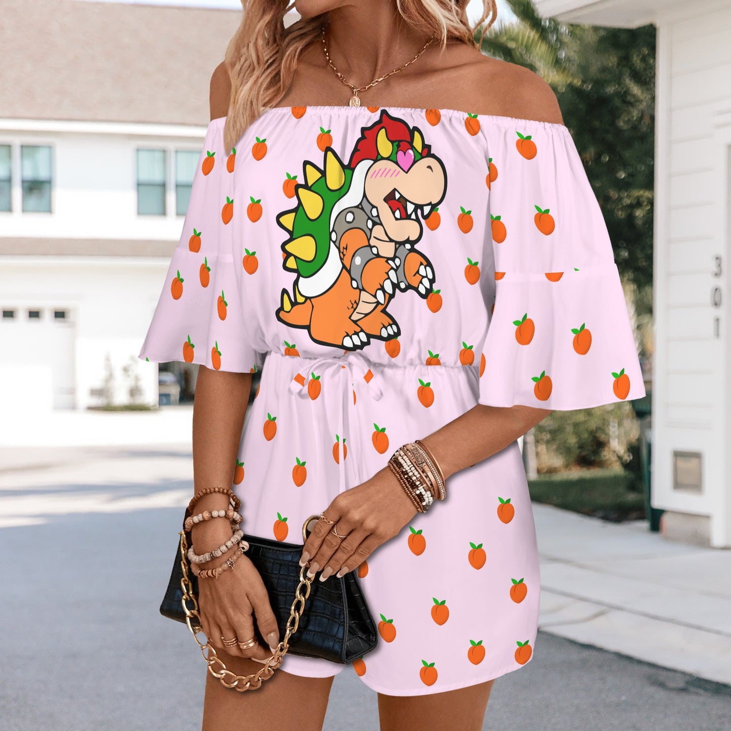 Bowser Loves Peaches Peaches Peaches Peaches Peaches Off Shoulder Knot Front Pocket Romper