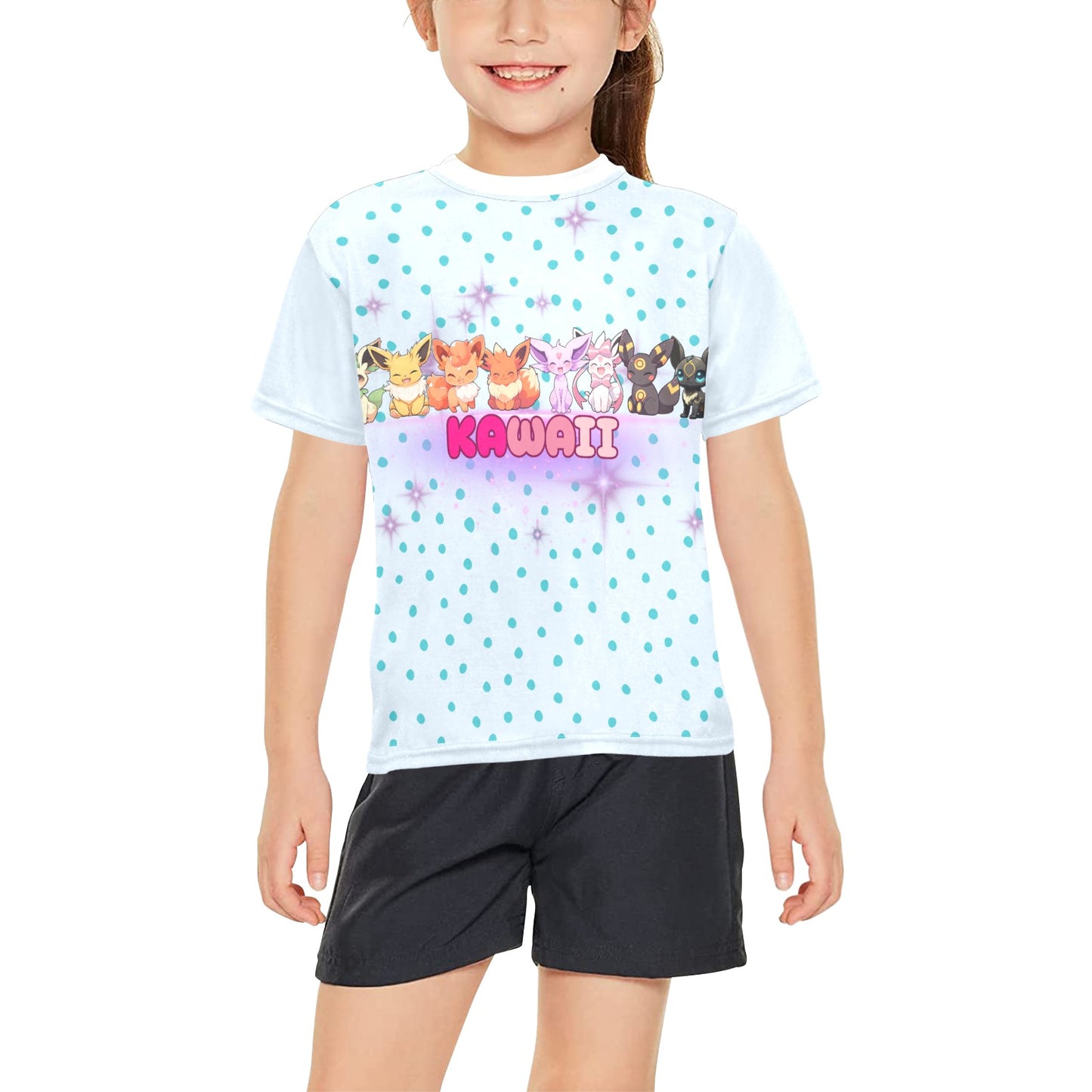 Pokemon - Kawaii Eevee Big Girl's All Over Print Crew Neck T-Shirt