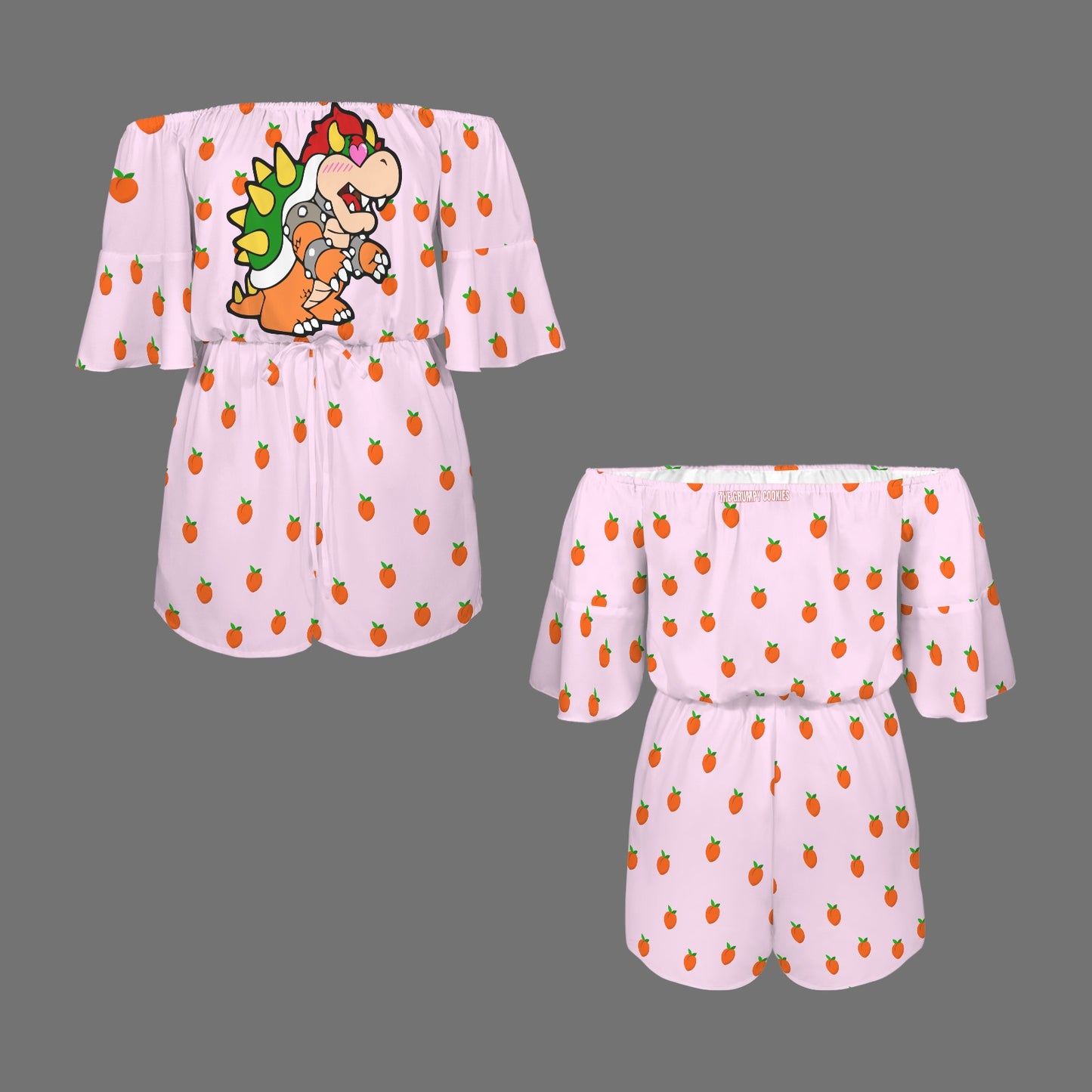 Bowser Loves Peaches Peaches Peaches Peaches Peaches Off Shoulder Knot Front Pocket Romper