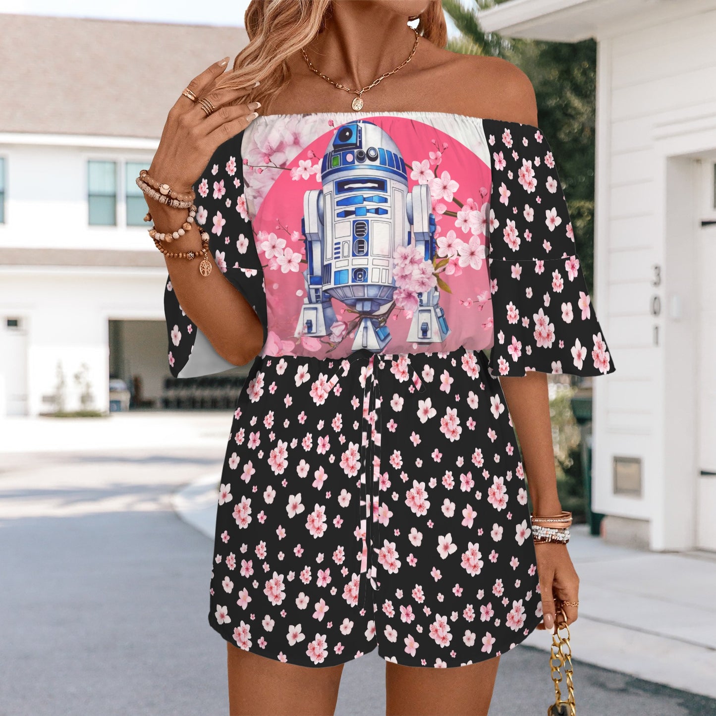 Star Wars - Cherry Blossom R2D2 Off Shoulder Knot Front Pocket Romper