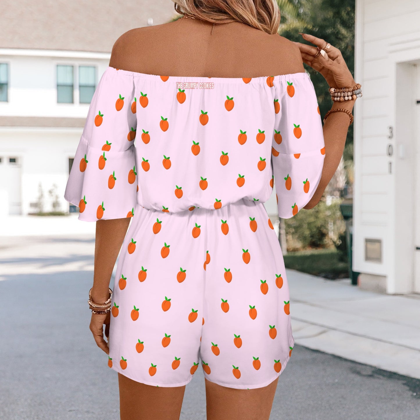 Bowser Loves Peaches Peaches Peaches Peaches Peaches Off Shoulder Knot Front Pocket Romper