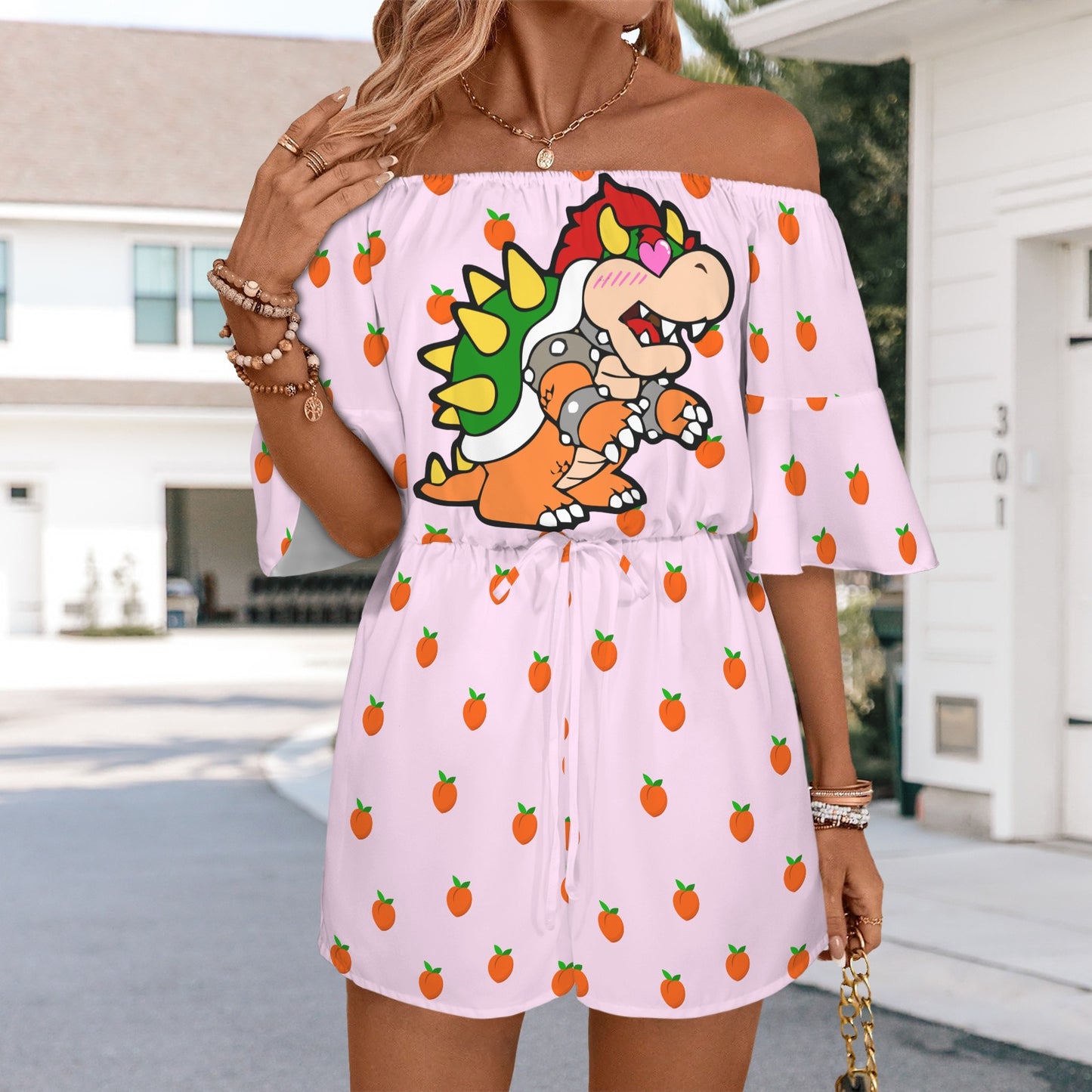 Bowser Loves Peaches Peaches Peaches Peaches Peaches Off Shoulder Knot Front Pocket Romper