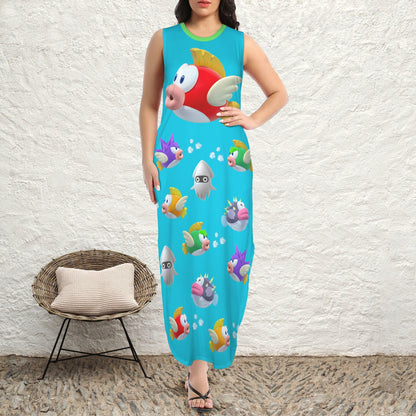 Mario Bros. - Underwater Mario Round Neck Sundress Pocket Maxi Dress