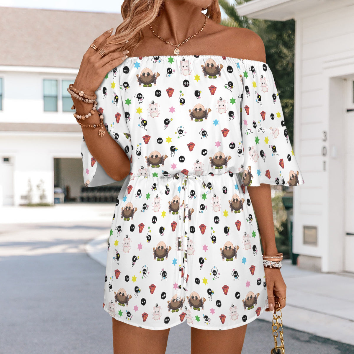 Studio Ghibli - Kamaji & Friends Off Shoulder Knot Front Pocket Romper