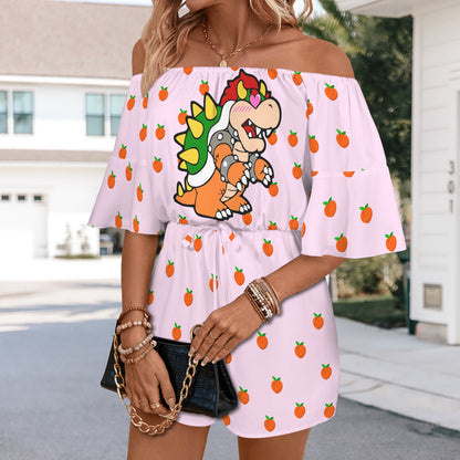 Bowser Loves Peaches Peaches Peaches Peaches Peaches Off Shoulder Knot Front Pocket Romper