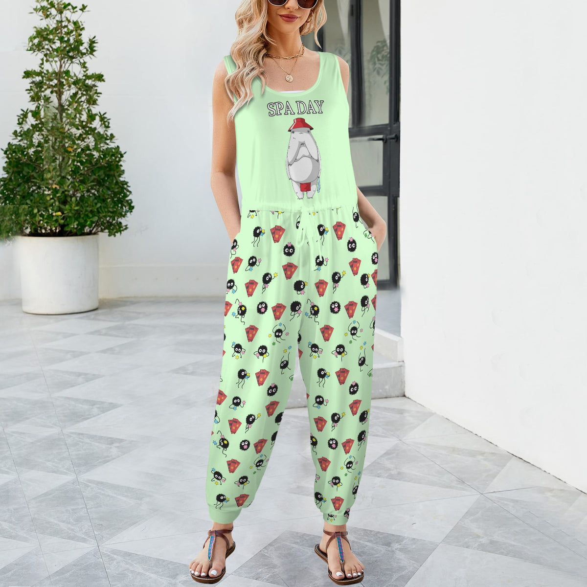 Studio Ghibli - The Radish Spirit Takes a Spa Day Women's Sleeveless Drawstring Elastic Waist Pocket Jumpsuit