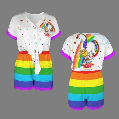 Rainbow Brite - Stars and Rainbows Women's V-Neck Button Pocket Tie Front Romper