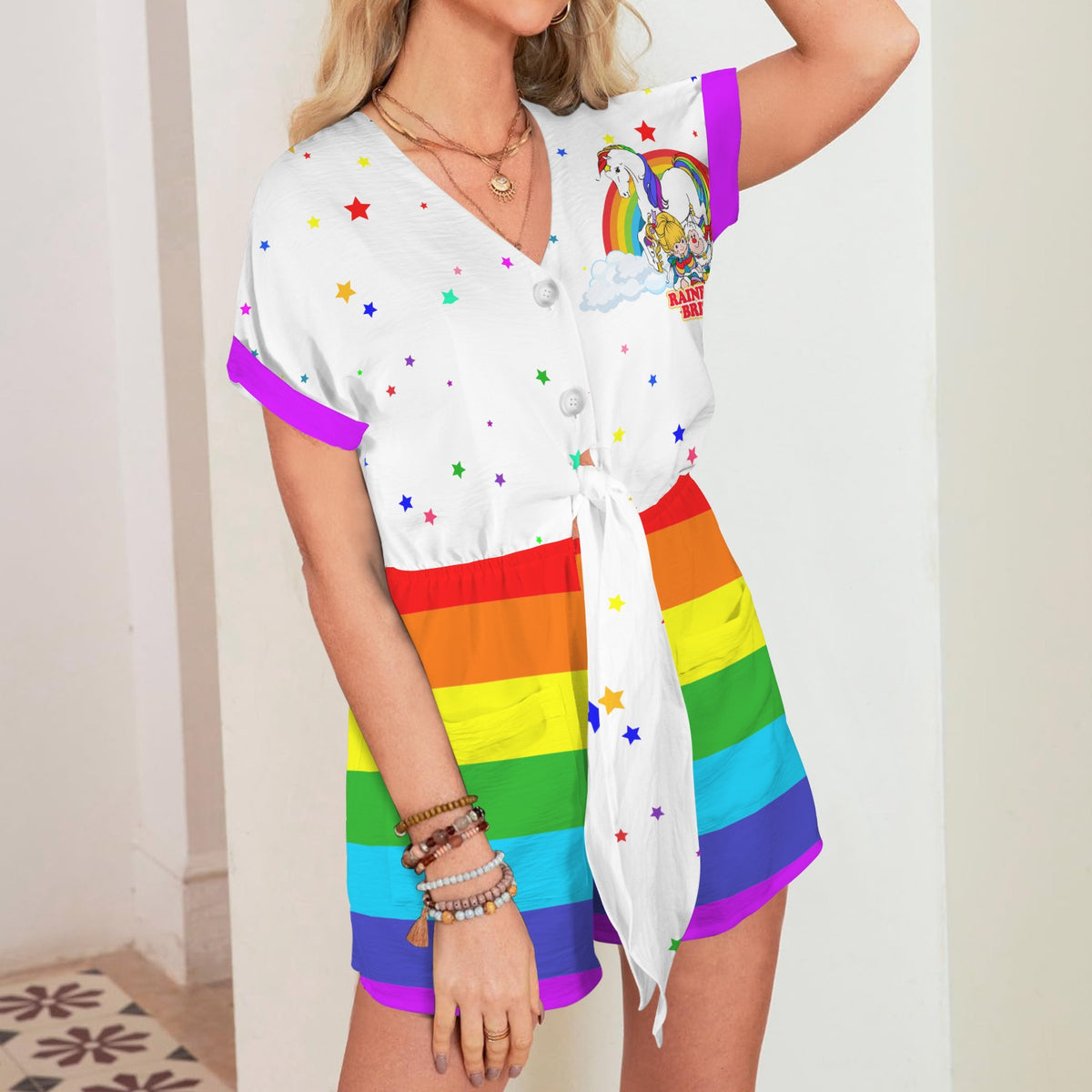 Rainbow Brite - Stars and Rainbows Women's V-Neck Button Pocket Tie Front Romper