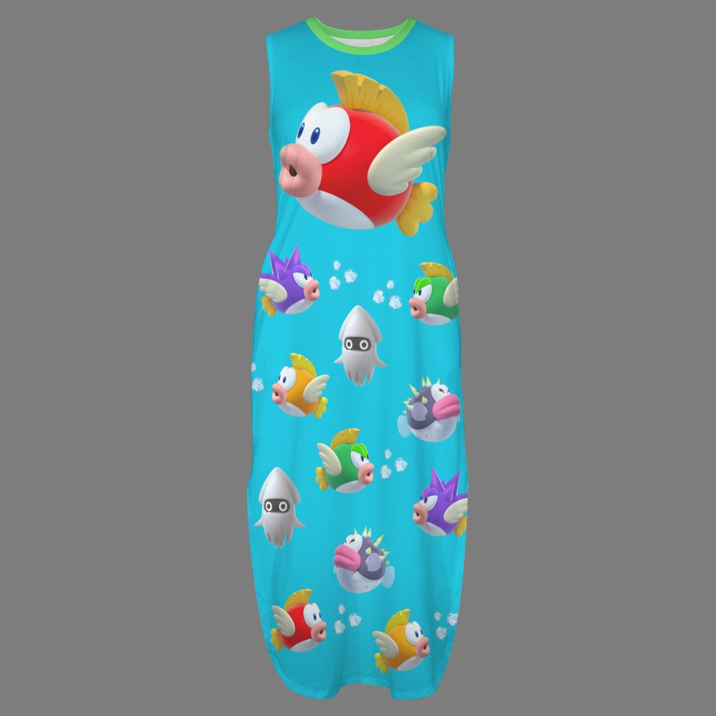 Mario Bros. - Underwater Mario Round Neck Sundress Pocket Maxi Dress