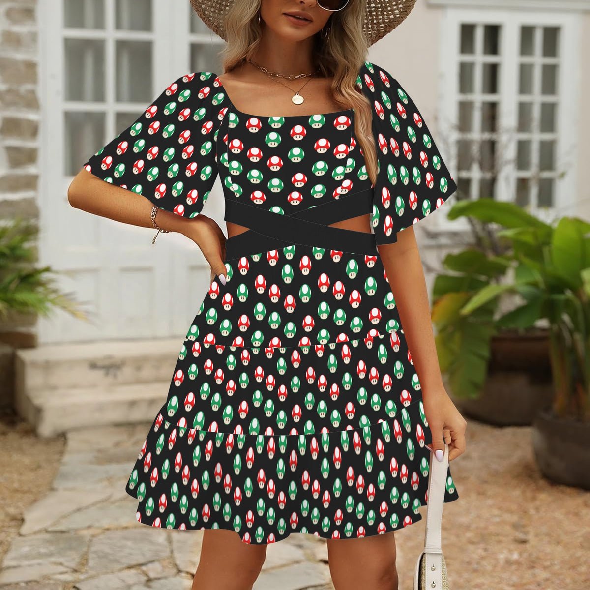 KPDH - That's My Hat Women's Square Neck Crossover Waist Cutout Casual Dresses